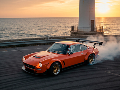 Carro clássico modificado em drift ao pôr do sol