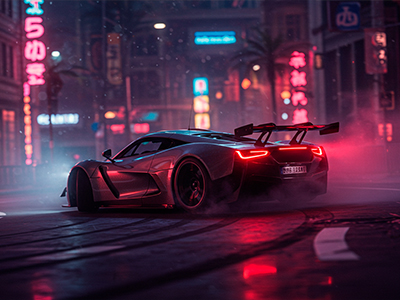 Carro de corrida em cidade neon